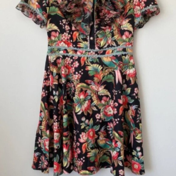 Dalia Macphee Black Floral Printed Mini Dress Size: M - Picture 3 of 7